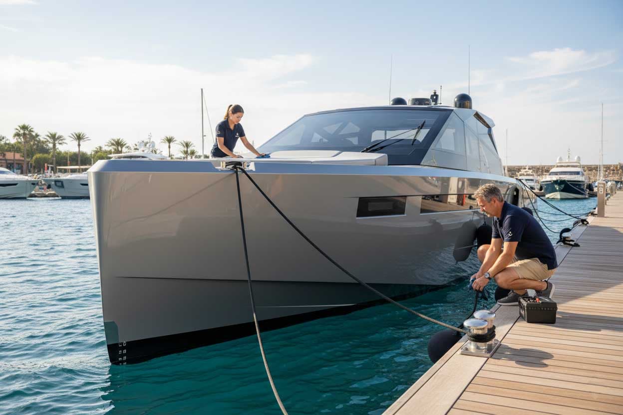 Equipaggio Noestrum Yacht Service al lavoro su uno yacht in banchina